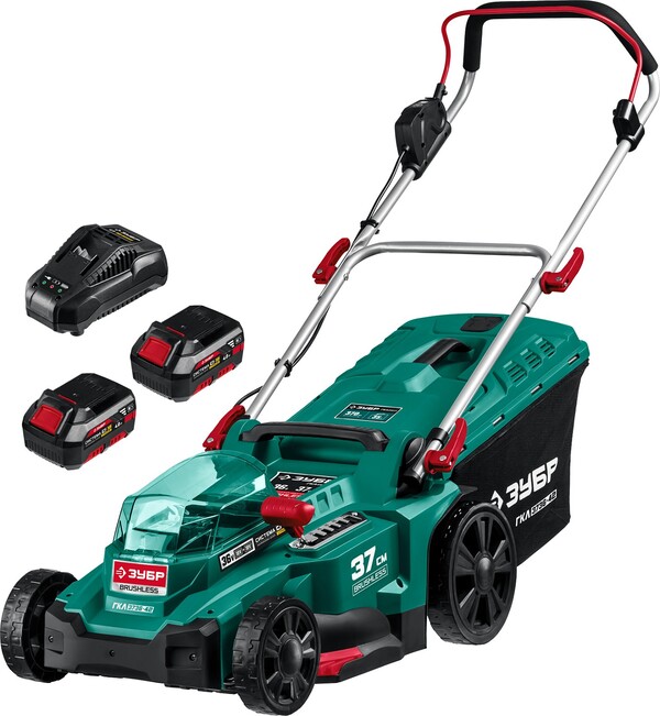 Аккумуляторная газонокосилка Зубр 1-18 36В 37см 2*18В АКБ 4А·ч  ГКЛ-3736-42