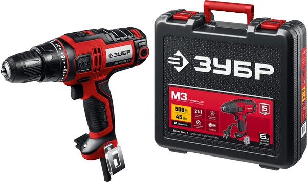 Дрель-шуруповерт сетевой Зубр 500Вт 45Н·м кейс ДШ-М3-500-2 К