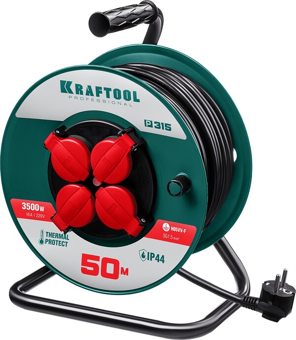 Удлинитель силовой Kraftool на катушке P-315 ПВС 3*1.5мм2, 50м 3500Вт IP44 55084-50