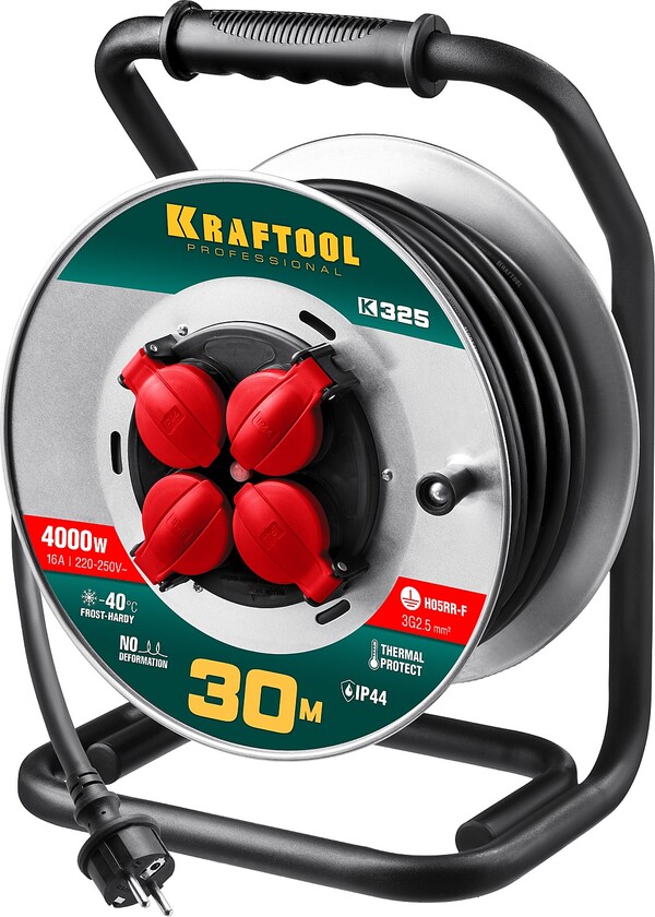 Удлинитель силовой Kraftool на стальной катушке K-325 КГ 3*2.5мм2, 30м 4000Вт IP44 55086-30