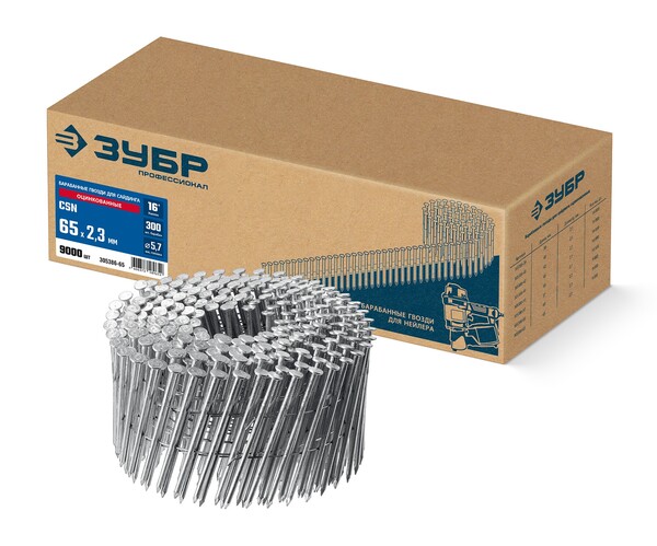 Гвозди барабанные для сайдинга оцинкованные, ЗУБР CSN 65 х 2.3 мм 9000 шт 305386-65