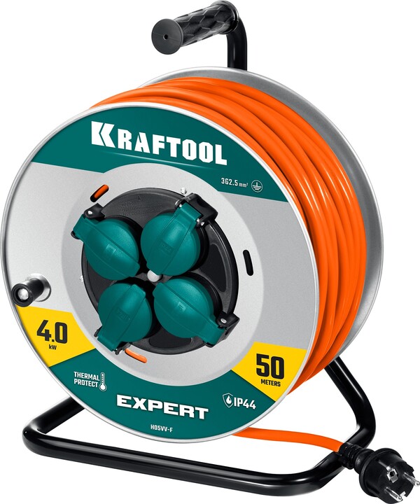 Удлинитель силовой Kraftool EXPERT на стальной катушке ПВС 3*2.5 50м 4000Вт IP44 55089-50