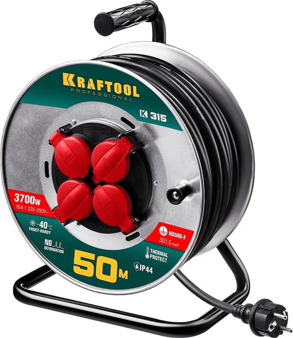 Удлинитель силовой Kraftool на стальной катушке K-315 КГ 3*1.5мм2, 50м 3700Вт IP44  55085-50  55085-50_z01