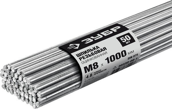 Шпилька резьбовая ЗУБР DIN 975, кл. пр. 4.8, М8 х 1000 мм, цинк, 50 шт,  30330-08-1 