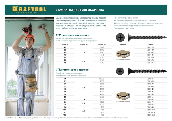 Саморез KRAFTOOL СГД, 125 х 4.8 мм, фосфатированное покрытие, 400 шт, гипсокартон-дерево  3005-125 