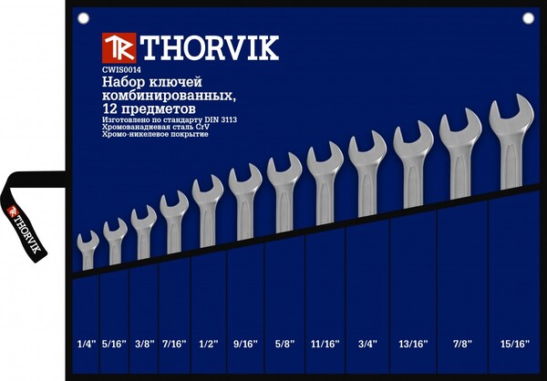 Набор ключей гаечных комбинированных дюймовых в сумке Thorvik 1/4"--15/16", 12 предметов CWIS0012