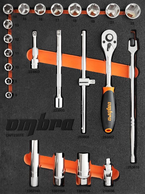 Набор головок торцевых Ombra 3/8" DR 8-22 мм с аксессуарами в EVA ложементе 280х375 мм, 23 предмета OMT23STE 56135