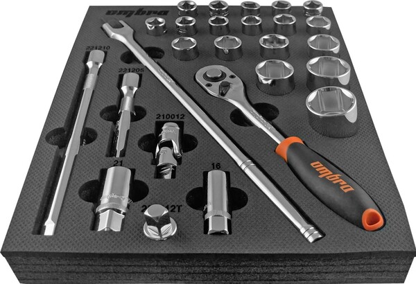 Набор головок торцевых Ombra 1/2" DR 8-32 мм с аксессуарами в EVA ложементе 280х375 мм, 26 предметов OMT26STE 56134