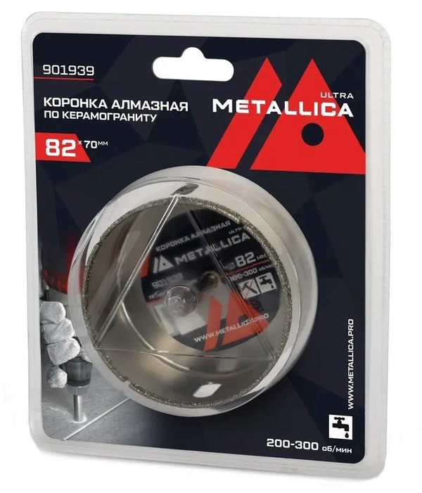 Коронка алмазная METALLICA Ultra 82*70мм, #46, с сверлом,  по керамограниту, плитке  в блистере 901939