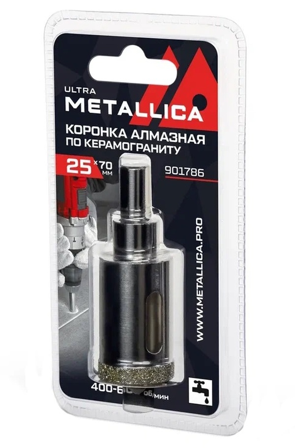 Коронка алмазная METALLICA Ultra 25*70мм, #46, с сверлом,  по керамограниту, плитке в блистере 901786
