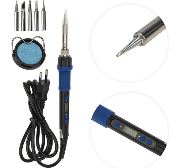 Набор для пайки REXANT  цифровой с нагревателем 65Вт, 200-500°C, подставка с губкой, набор из 5 жал  12-0621