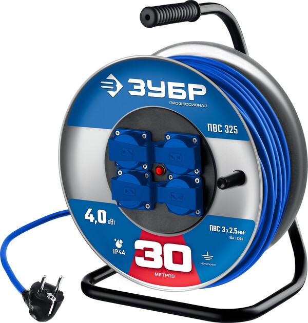 Удлинитель силовой ЗУБР Профессионал ПВС-325, ПВС, 3 x 2.5 мм2, 30 м, 4000 Вт, IP44, на стальной катушке,  55102-30 